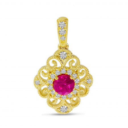 14K Yellow Gold Diamond Ruby Precious Filigree Pendant