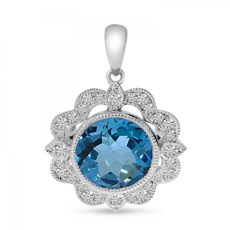 14K White Gold Blue Topaz & Diamond Millgrain Pendant