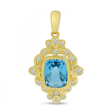 14K Yellow Gold Blue Topaz Cushion Ornate Diamond Millgrain Pendant