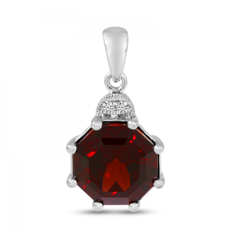 14K White Gold Garnet Octagon & Diamond Half Moon Pendant