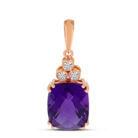 14K Rose Gold Cushion Amethyst & Diamond Millgrain Pendant