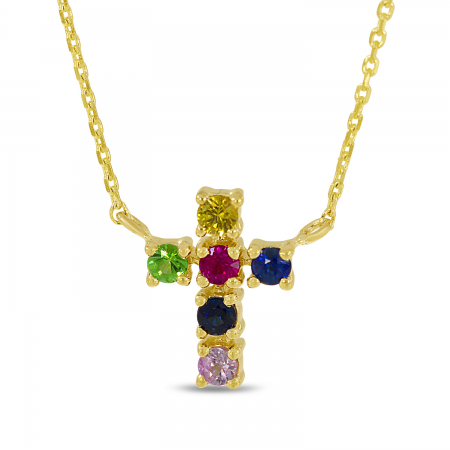14k Yellow Gold Rainbow Sapphire Cross Necklace