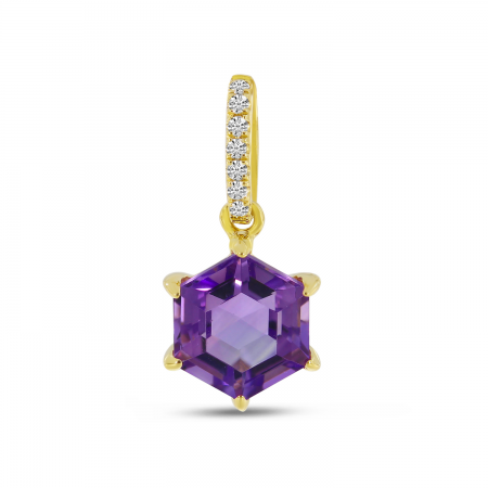 14K Yellow Gold Amethyst Semi Hexagon Diamond Pendant