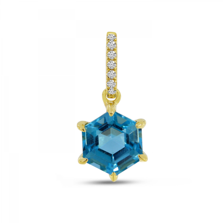 14K Yellow Gold Blue Topaz Semi Hexagon Diamond Pendant