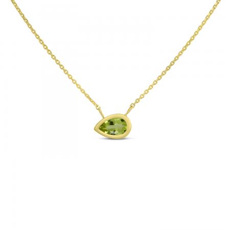 14K Yellow Gold Pear Peridot East to West Birthstone Necklace
