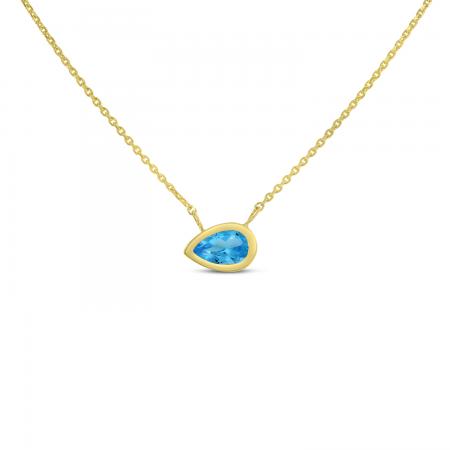 14K Yellow Gold Pear Blue Topaz East to West Birthstone Necklace