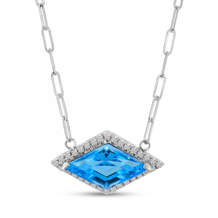 14K White Gold Fancy-Cut Blue Topaz & Diamond Halo Necklace