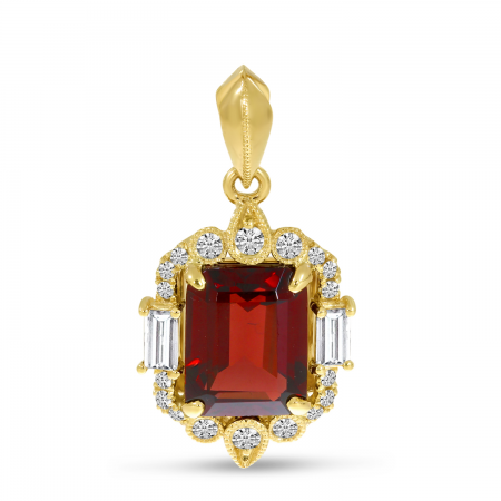 14K Yellow Gold Emerald-Cut Garnet & Diamond Halo Pendant