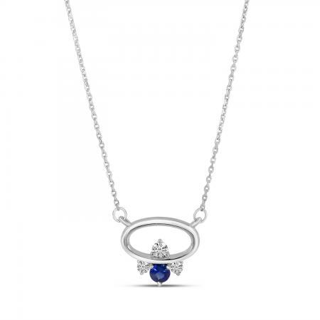 14K White Gold Round Sapphire and Diamond East to West Oval 18 inch Necklace
