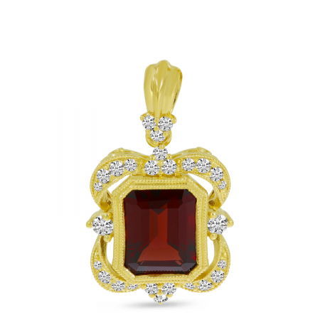 14K Yellow Gold Emerald-Cut Garnet & Diamond Millgrain Pendant