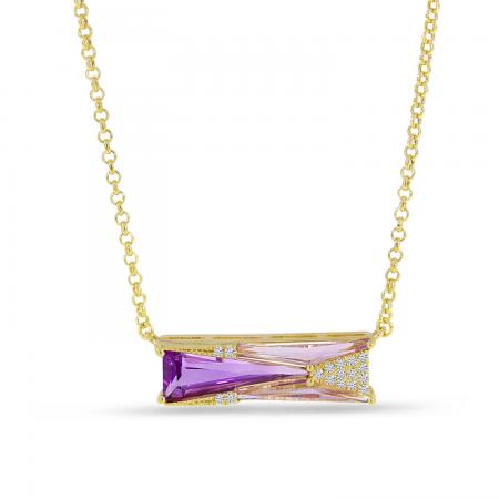 14K Yellow Gold Double Geometric Trillion Amethyst and Diamond 18 inch Necklace