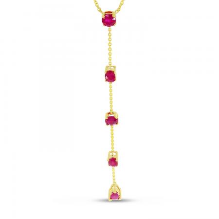 14K Yellow Gold Round Ruby Five Stone Lariat 18 inch Cable Necklace