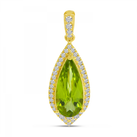 14K Yellow Gold Pear Peridot & Diamond Halo Pendant