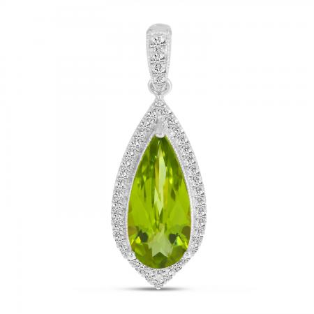 14K White Gold Pear Peridot and Diamond Halo Pendant