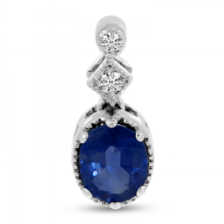 14K White Gold Oval Sapphire & Diamond Pendant