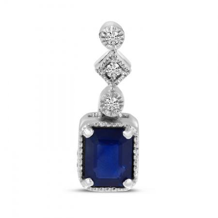 14K White Gold Emerald-Cut Sapphire & Diamond Pendant