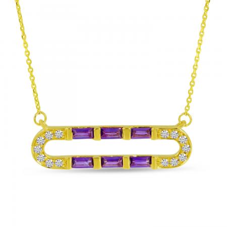 14K Yellow Gold Baguette Amethyst and Diamond Oval East to West 18 inch Necklace