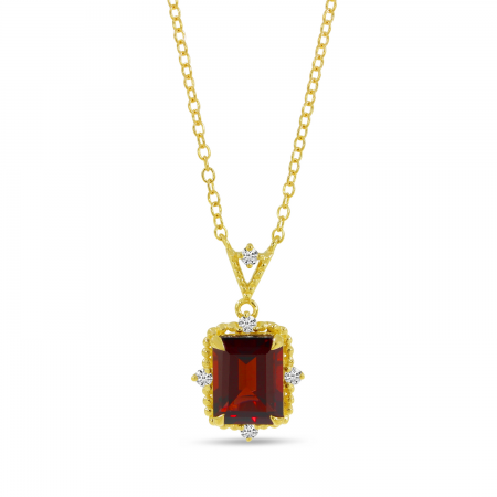 14K Yellow Gold Emerald-Cut Garnet & Diamond Beaded Halo Necklace