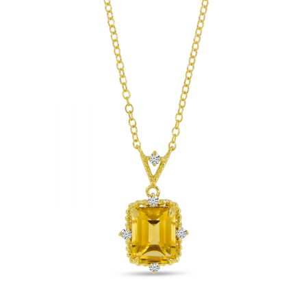 14K Yellow Gold Emerald-Cut Citrine & Diamond Beaded Halo Necklace