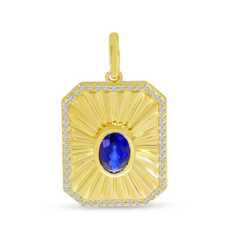 14K Yellow Gold Oval Sapphire & Diamond Burst Pendant