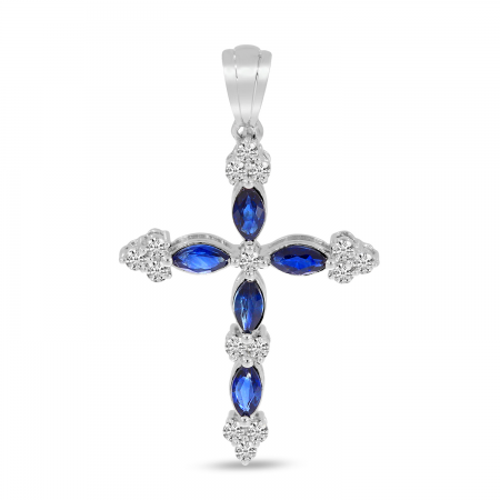 14K White Gold Marquis Sapphire & Diamond Cross Pendant