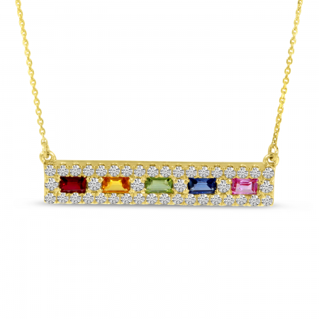 14K Yellow Gold Rainbow Sapphire & Diamond Bar Necklace