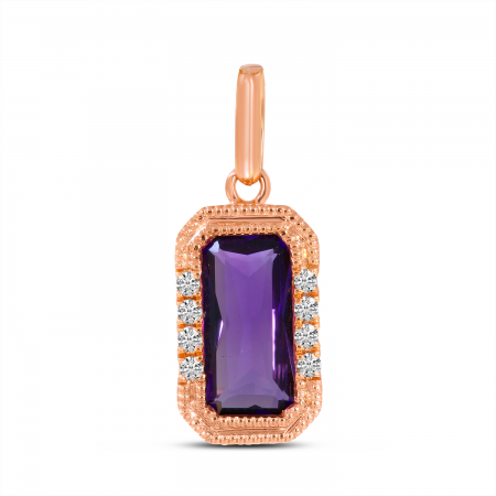 14K Rose Gold Octagon Amethyst and Diamond Millgrain Pendant