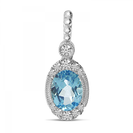 14K White Gold Oval Blue Topaz and Diamond with Ball Bale Pendant