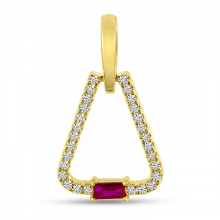 14K Yellow Gold Emerald Cut Ruby and Diamond Triangle Pendant