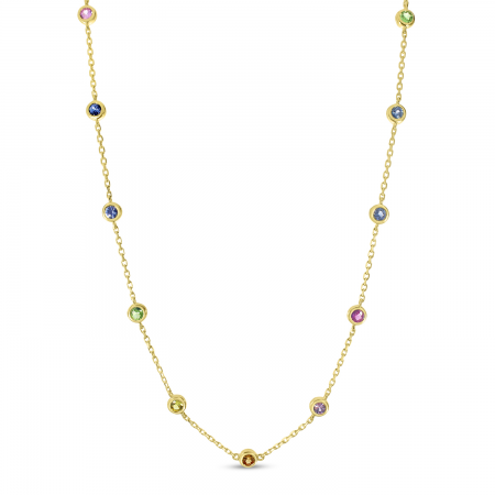 14K Yellow Gold Bezel Set Rainbow Sapphires Necklace