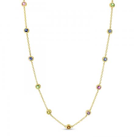 14K Yellow Gold Bezel Set Rainbow Sapphires Necklace