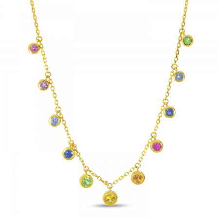 14K Yellow Gold Bezel Set Dangling Rainbow Sapphires Necklace