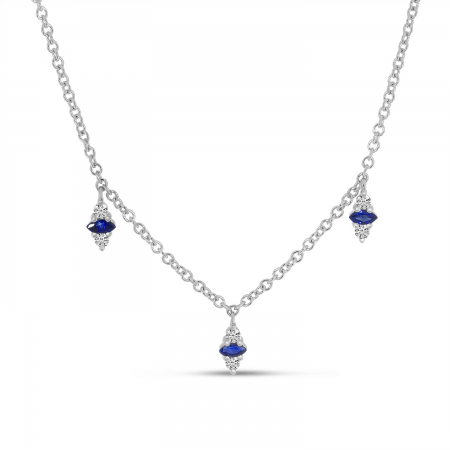 14K White Gold Dashing Diamond Precious Marquise Sapphire and Diamond Dangle Station Necklace
