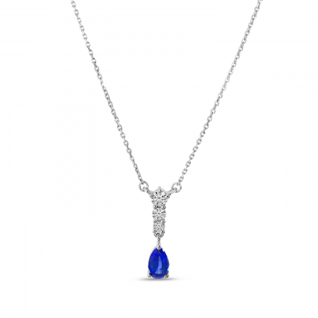 14K White Gold Pear Sapphire and Graduated Diamonds Dangle Necklace