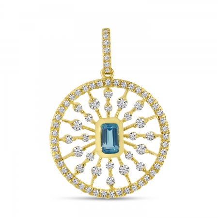 14K Yellow Gold Octagon Blue Topaz and Scattered Diamond Disc Pendant