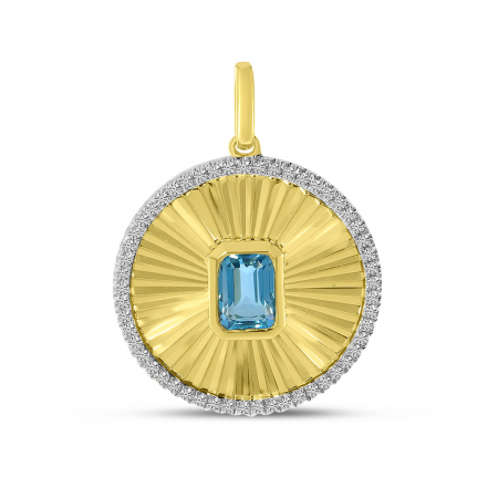 14K Yellow Gold Octagon Blue Topaz and Diamond Fluted Disc Pendant