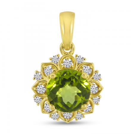 14K Yellow Gold Round Peridot and Diamond Floral Pendant