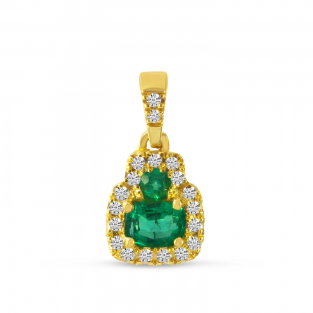 14K Yellow Gold Emerald Cut Emerald and Diamond Halo Precious Pendant