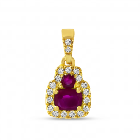 14K Yellow Gold Emerald Cut Ruby and Diamond Halo Precious Pendant