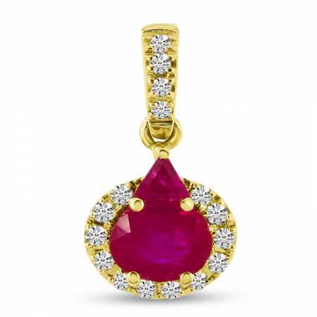 14K Yellow Gold Oval and Trillion Ruby Diamond Halo Precious Pendant