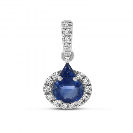 14K White Gold Oval and Trillion Sapphire Diamond Halo Precious Pendant