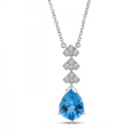 14K White Gold Pear Blue Topaz and Diamond Semi Precious Lariat Necklace
