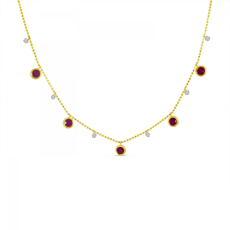 14K Yellow Gold Dashing Diamond  Ruby Bezel Necklace