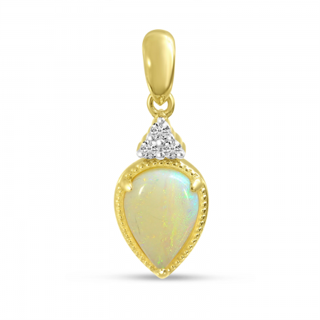 14K Yellow Gold Pear Cut Opal and Diamond Pendant