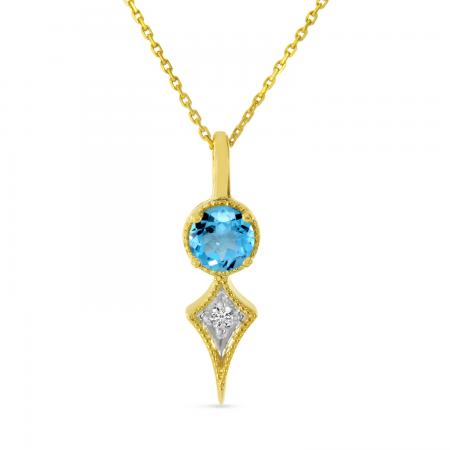 14K Yellow Gold Blue Topaz and Diamond Pendant