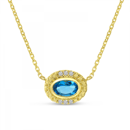14K Yellow Gold Semi-Precious Oval Blue Topaz and Diamond Halo Necklace