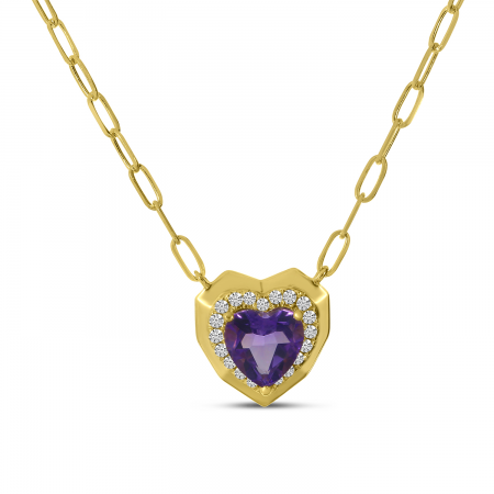 14K Yellow Gold Semi-Precious Amethyst Heart Halo Necklace