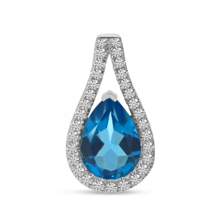 14K White Gold Pear Cut Blue Topaz Diamond Halo Pendant