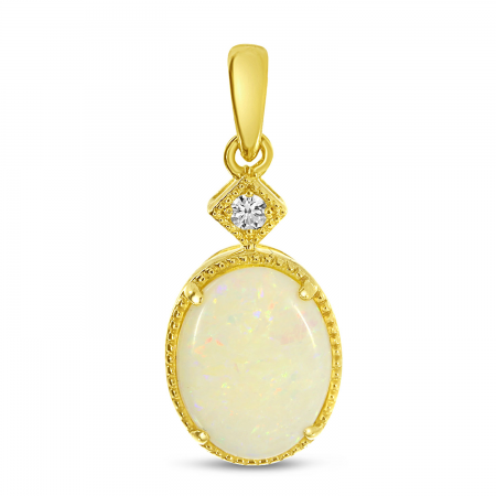 14K Yellow Gold Oval Opal Pendant with Diamond Millgrain