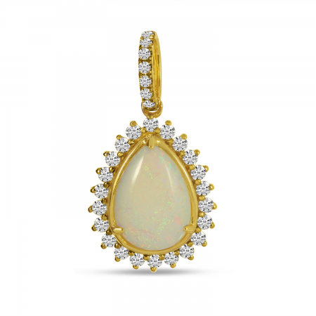 14K Yellow Gold Pear Cut Opal Pendant with Diamond Halo